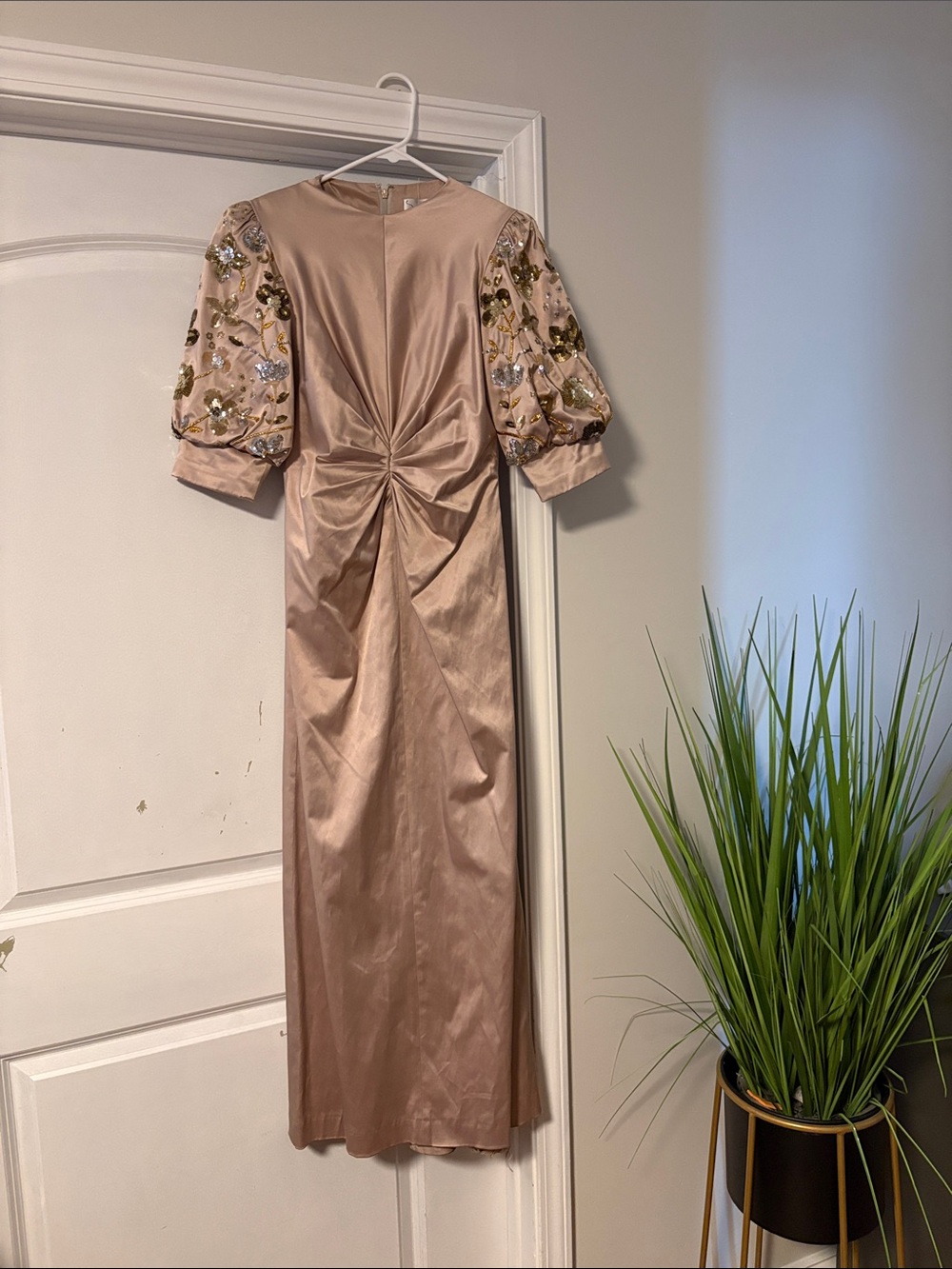 Miri Elegant Blush Satin Gown with Embellished Puff Sleeves